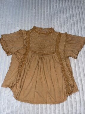 Free People Mustard Ruffled Lace-Panel Short Sleeve Top | Size Medium